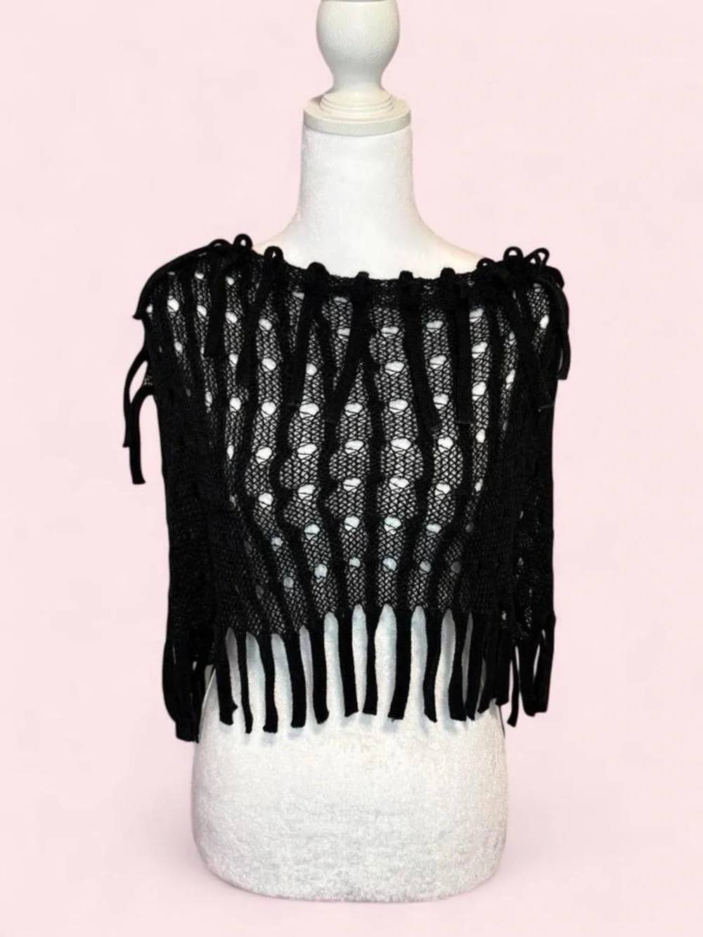 Black Crocheted Fringe One-Shoulder Shawl